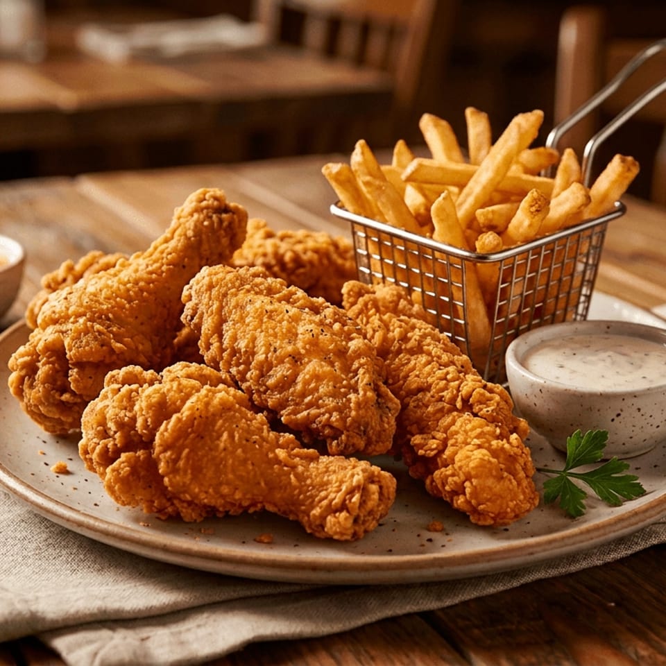 A plate of golden fried chicken, french fries, and two dipping sauces on a wooden table.