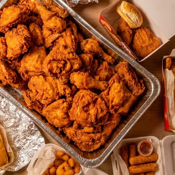 A large catering tray of fried chicken, with chicken nuggets, fries, a sub, and other fried sides.