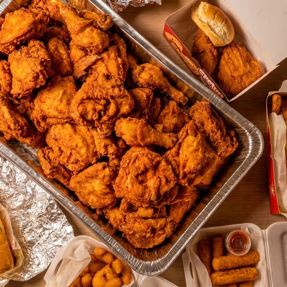 A large catering tray of fried chicken, with chicken nuggets, fries, a sub, and other fried sides.