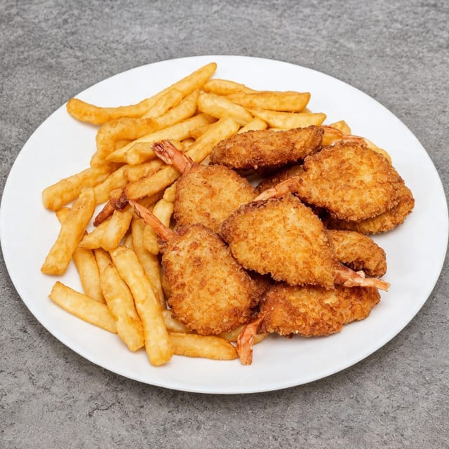 10 pc Jumbo Shrimps with Fries and Can Soda.