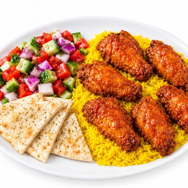 Hot Wings Over Rice with Salad and Can Soda.