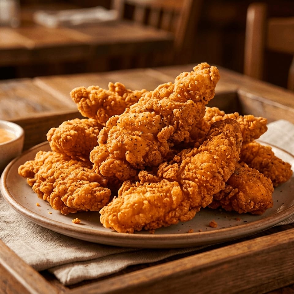 Golden fried chicken tenders on a plate with dipping sauce and parsley on a rustic wooden tray.