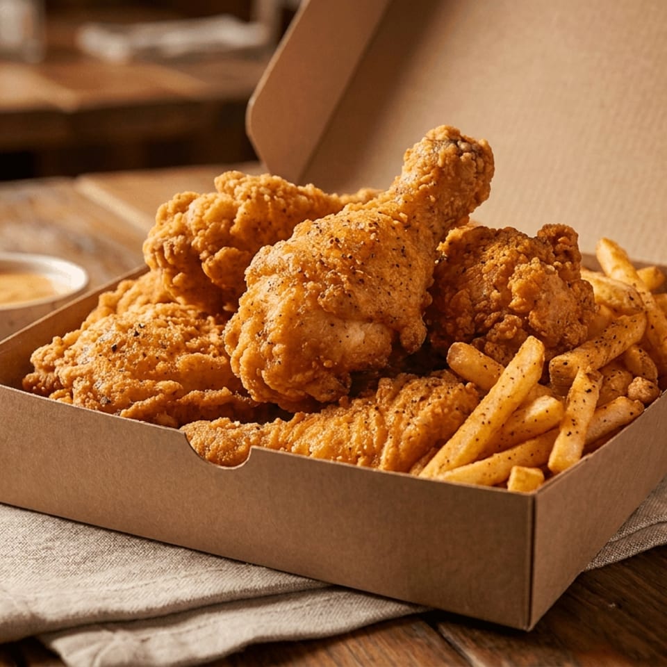 A takeout box filled with golden fried chicken, french fries, and a side of sauce.