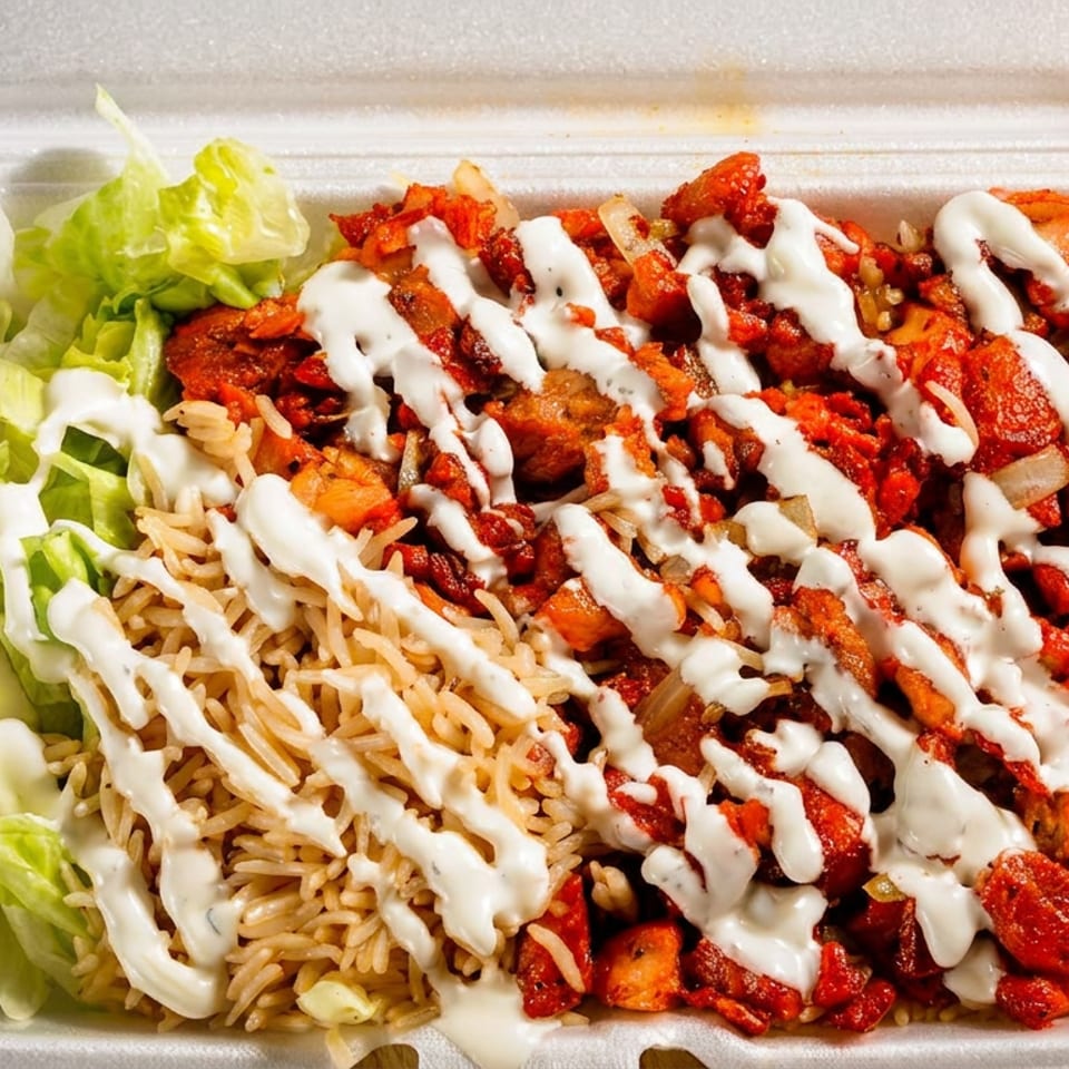 Spicy red chicken and rice platter with lettuce, white sauce, and side sauces in a takeout container.