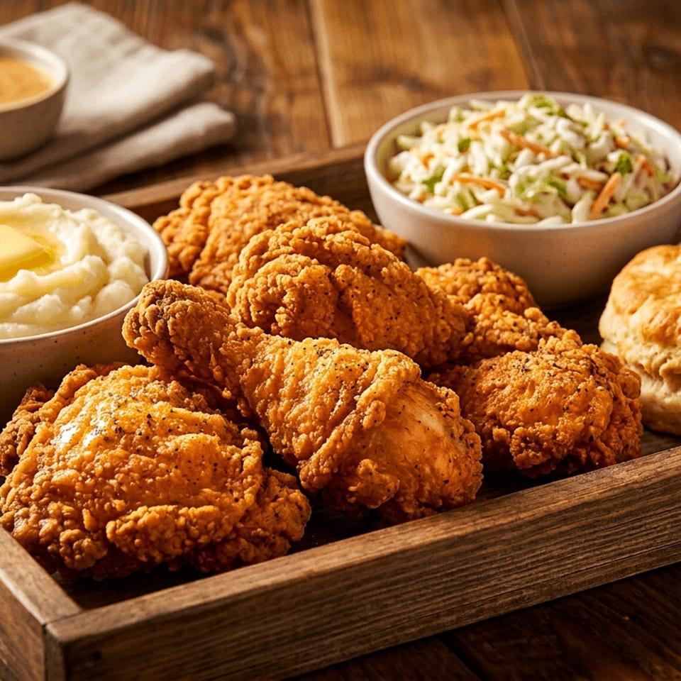 Golden fried chicken, mashed potatoes, coleslaw, biscuit, and gravy on a rustic wooden tray.