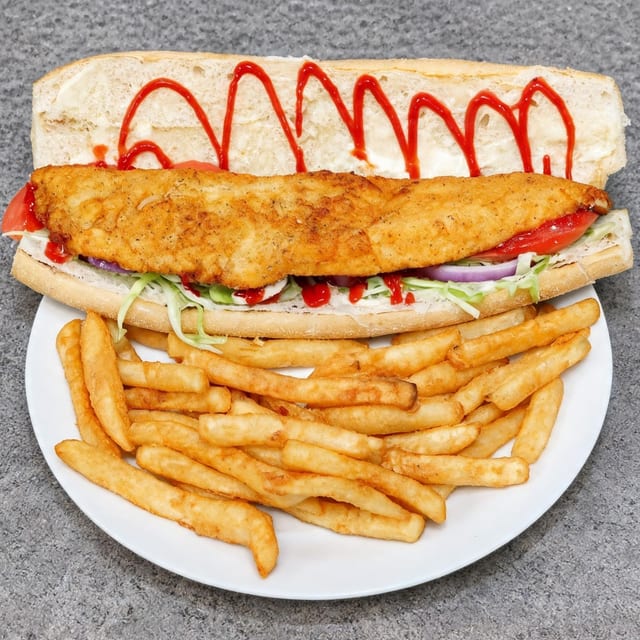 Fish Hoagie with Fries and Can Soda.