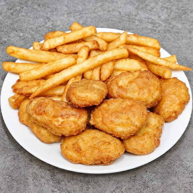 10 pc Chicken Nuggets with Fries and Can Soda.