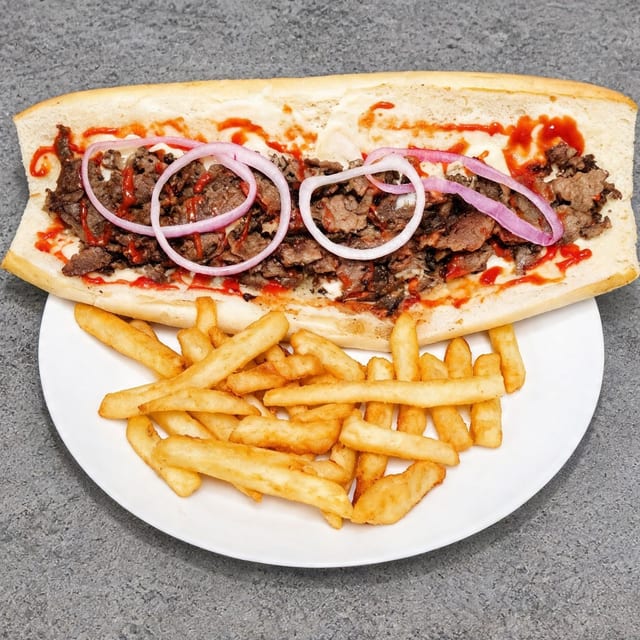 Beef Cheesesteak with Fries and Can Soda.