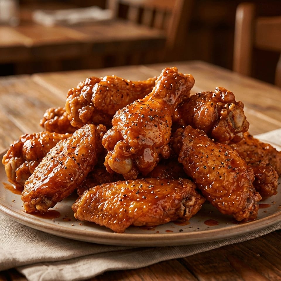Large plate of glossy, peppered chicken wings on a rustic wooden table.