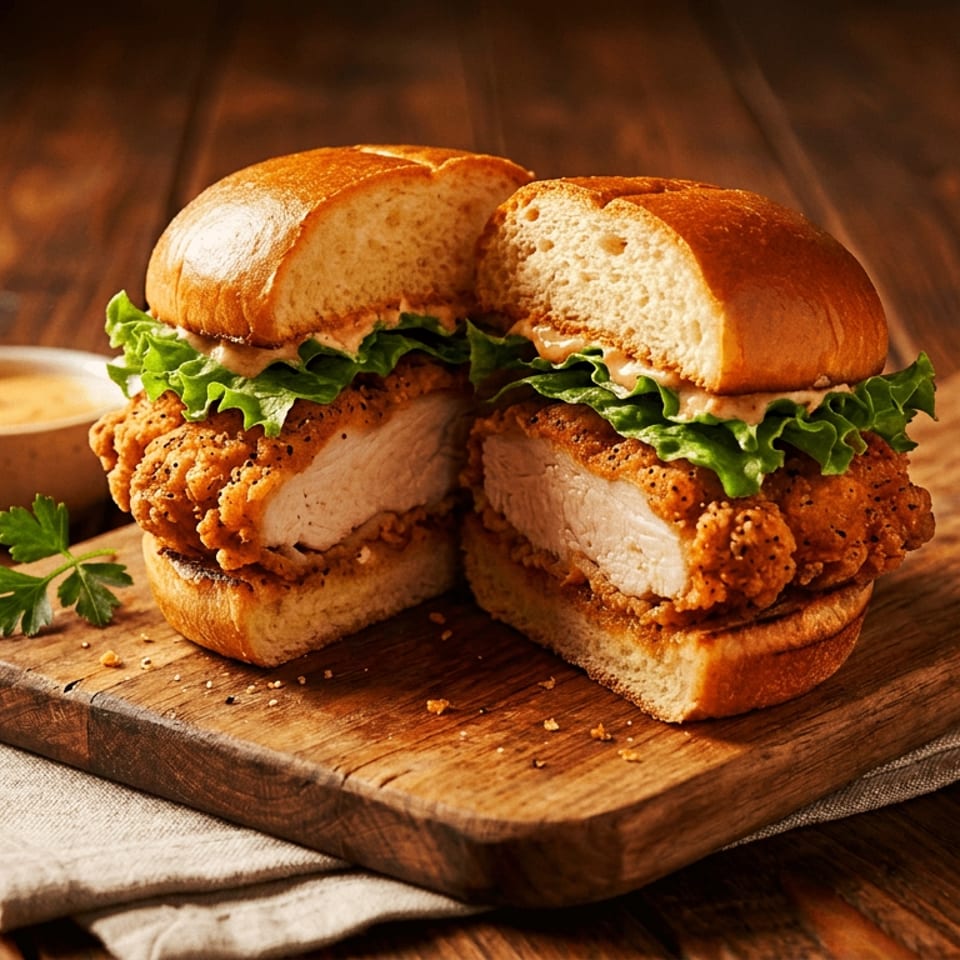 Golden fried chicken sandwich, sliced in half, with lettuce and sauce on a rustic wooden board.