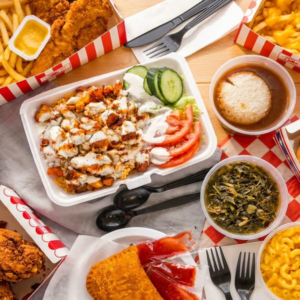 Assortment of takeout meals including fried chicken, fries, chicken and rice, mac and cheese, and sides.