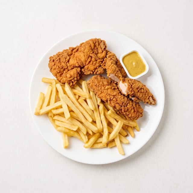2 pc Chicken Tenders with Fries and Can Soda.