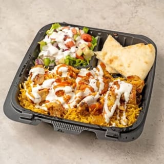 Chicken Over Rice with Salad and Can Soda